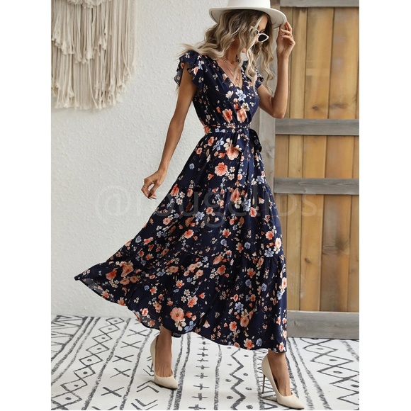 Floral Dress Surplice Overlapping V Neck Fit & Flare Maxi Long Blue Tie Belt - Picture 2 of 6